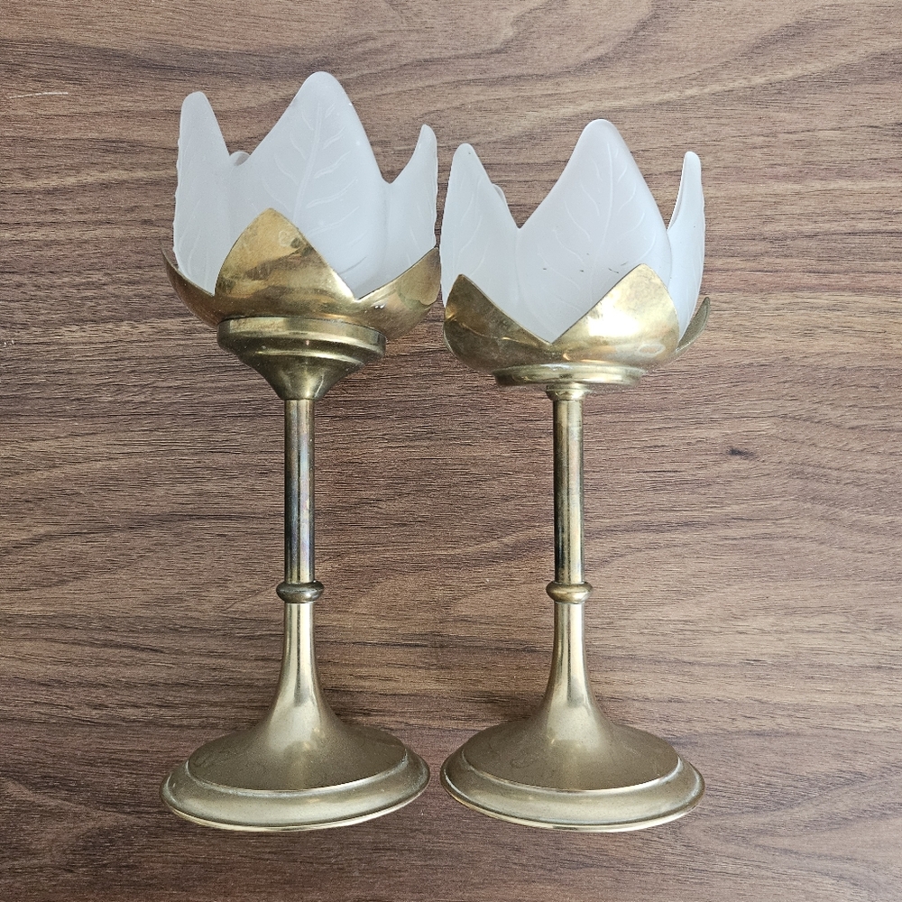 Brass and frosted glass set of 2 tulip shaped candle holders graduated
